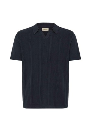 Tumesinine lühikeste varrukatega polosärk soonilise tekstuuriga, V-kaelusega ja struktureeritud kraega, millel on vertikaalsed triibud.