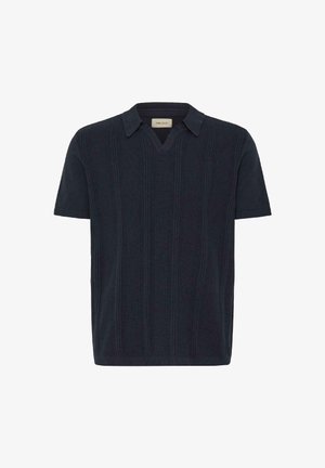 Tumesinine lühikeste varrukatega polosärk soonilise tekstuuriga, V-kaelusega ja struktureeritud kraega, millel on vertikaalsed triibud.