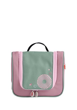 Zweifarbiges Stofftasche mit grünem Klappen und pinkem Körper, verziert mit runden Mustern. Inklusive einem oberen Griff und Reißverschlussverschlüssen.