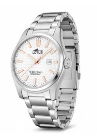 Orologio in acciaio inossidabile argentato con quadrante bianco testurizzato, dettagli in oro rosa, display della data e cinturino a maglie metalliche. Resistente all'acqua fino a 10 BAR.