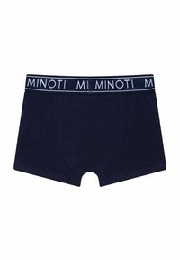 Boxers bleu marine en tissu doux avec une ceinture à logo blanc, présentant un design moderne ajusté et une longueur mi-thigh.