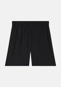 Pantalones cortos negros con una cintura elástica, fabricados en un tejido de algodón ligero, con un ajuste relajado y dobladillos cosidos.