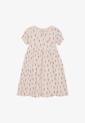 Vit klänning i mjukt tyg med ett upprepande morotstryck i rosa och orange toner. Korta ärmar och utställd kjoldesign.