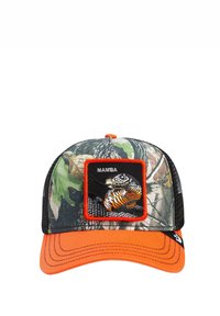 Camo baseball cap with an orange bill, featuring a black patch of a snake with "MAMBA" text. Mesh back for ventilation.