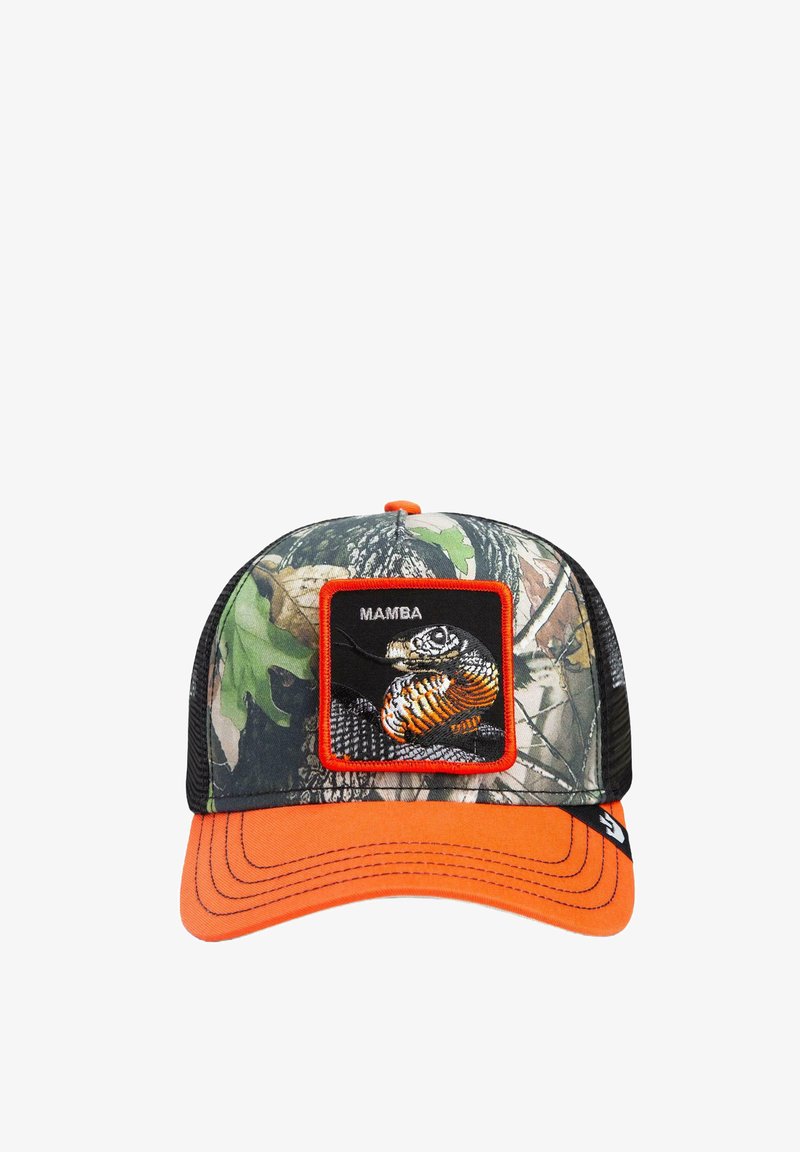 Camo baseball cap with an orange bill, featuring a black patch of a snake with "MAMBA" text. Mesh back for ventilation.