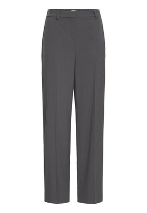 Pelēki elastīgas jostas bikses ar taisnu kāju dizainu, kas aprīkotas ar sānu kabatām un gludu tekstūru. Minimālisma stils bez rakstiem vai akcentiem.