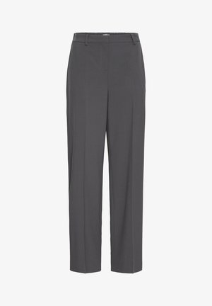 Gray, elastic-waist trousers with a straight-leg design, featuring side pockets and a smooth texture. Minimalist style without patterns or accents.
