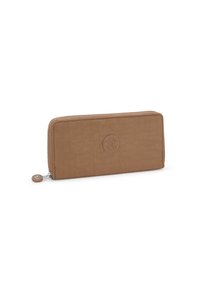 Portafoglio in tessuto marrone con una superficie liscia, forma rettangolare, chiusura con zip e un dettaglio a logo circolare sul davanti.