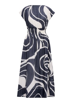 Μίντι φόρεμα με αφηρημένο σχέδιο στροβίλου σε ναυτικό μπλε και λευκό, με κοντά μανίκια και ελαστική μέση με σούρες, εμφανιζόμενο από πίσω.