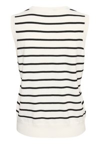 Débardeur en tricot sans manches avec un motif rayé horizontal noir et blanc, doté d'un col et d'un ourlet côtelés pour une silhouette ajustée.