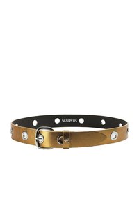 Gold leather belt with silver hardware, featuring circular cutouts and a prong buckle. Notable brand name displayed on the inner side.