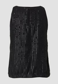 Czarny bezrękawnik z pionowymi srebrnymi paskami, wykonany z teksturowanej tkaniny z cekinami, o gładkim wykończeniu, z tylnym zapięciem na suwak.