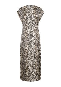 Leopardmönstrad klänning i beige och svart; lätt, flödande tyg; har en lös passform och korta ärmar; knälång design.