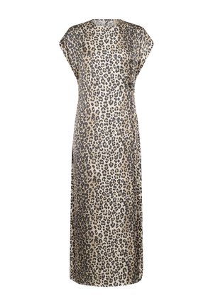 Leopardenmuster-Kleid in Beige und Schwarz; leichtes, fließendes Material; mit lockerer Passform und kurzen Ärmeln; knielanges Design.