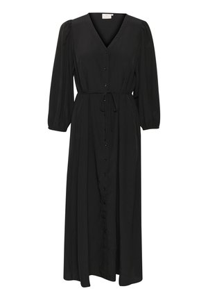 Svart maxiklänning med långa puffärmar, V-hals, knäppning framtill och snörning i midjan. Tillverkad av ett mjukt tyg med en flödande design.