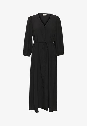 Robe maxi noire avec de longues manches ballons, décolleté en V, fermeture à boutons et taille ajustable par cordon. Fabriquée en tissu lisse avec un design fluide.