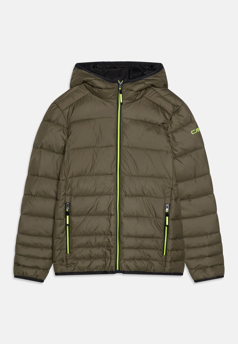 Olivengrøn dunjakke med lynlåsforside, hætte og to sidelommer med sorte detaljer og lynlåse i neon grøn. Vandret syning.