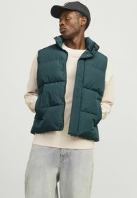 Donkergroene puffer vest met hoge kraag, ritssluiting en drukknoopjes. Draag het over een crèmekleurige trui, met gewatteerde voering en zijzakken.