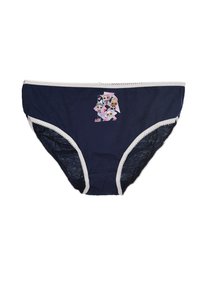 Mutande in cotone blu navy con bordino in pizzo bianco, caratterizzate da un design stampato colorato di personaggi dei cartoni animati sulla parte anteriore.