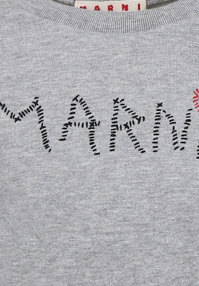T-shirt in cotone grigio con ricamo della scritta "MARNI" in filo nero e rosso. Collo rotondo, texture morbida e design casual.
