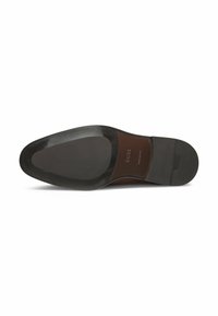 Semelle d'une chaussure habillée en cuir noir avec talon en caoutchouc texturé et partie en cuir marron embossée du nom de la marque BOSS.