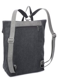 Zaino in tessuto grigio con spallacci grigi regolabili, dettagli testurizzati e una tasca posteriore con zip. Design semplice e rettangolare.