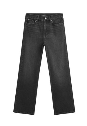 Jean en denim noir avec une coupe droite, un design à cinq poches, et une fermeture à bouton et zip. Présente un léger délavage et des coutures contrastées.