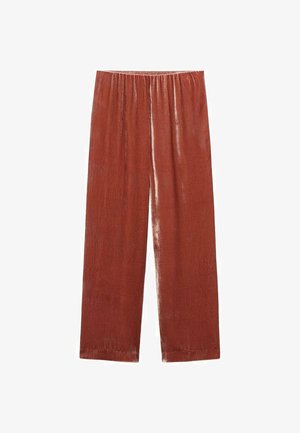Pantaloni a gamba larga color ruggine in tessuto leggero con una texture liscia; dotati di una vita elastica per il massimo comfort.