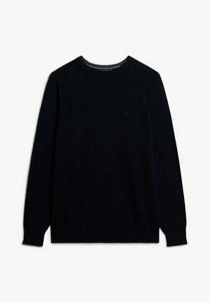Sort strikket sweater med rund hals og lange ærmer, med ribkant ved kraven og manchetterne. Glat tekstur, minimal branding synlig.