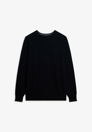 Schwarzer gestrickter Pullover mit Rundhalsausschnitt und langen Ärmeln, ausgestattet mit einem gerippten Kragen und Bündchen. Glatte Textur, minimale Markenkennzeichnung sichtbar.