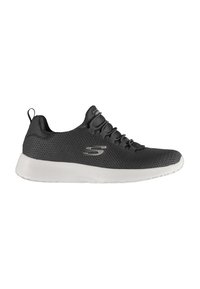 Zapatilla deportiva negra con parte superior de malla, cordones elásticos y suela blanca. Presenta un logo en el costado y una pestaña de agarre en el talón.