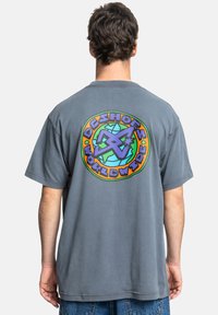 Gray cotton t-shirt with short sleeves, featuring a colorful circular logo on the back that includes the text "DC Shoes Worldwide."