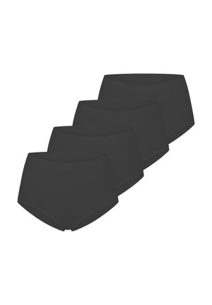 Quatre paires de culottes hipster en coton noir avec une texture lisse, taille mi-haute et sans motifs ni accents visibles.