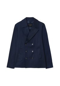 Cappotto da marinaio doppiopetto blu scuro con ampi risvolti e due tasche laterali, esposto su uno sfondo bianco.
