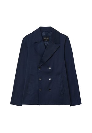 Marineblauer zweireihiger Pagenmantel mit breiten Revers und zwei Seitentaschen, vor einem weißen Hintergrund präsentiert.