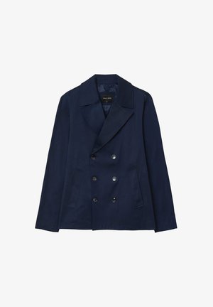 Marineblauer zweireihiger Pagenmantel mit breiten Revers und zwei Seitentaschen, vor einem weißen Hintergrund präsentiert.