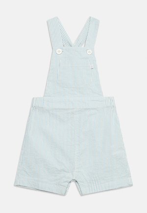 Lysblå og hvite vertikale stripete korte overaller med frontlomme og knapper på skulderstroppene.