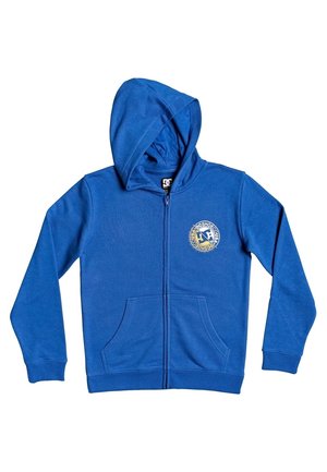 Niebieska bluza z kapturem zapinana na zamek, z przednimi kieszeniami i okrągłym logo DC Shoes na lewej piersi.