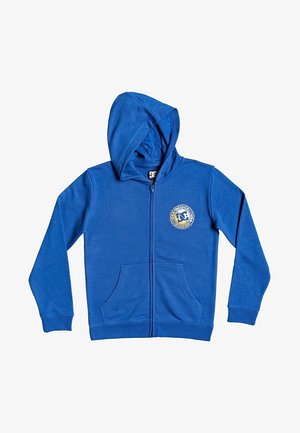Niebieska bluza z kapturem zapinana na zamek, z przednimi kieszeniami i okrągłym logo DC Shoes na lewej piersi.