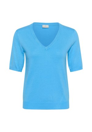 Pull à manches courtes bleu clair avec col en V, poignets et ourlet côtelés, présenté sur un fond blanc.