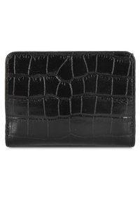 Portafoglio in pelle nera con una stampa testurizzata a coccodrillo, forma rettangolare e bordi lisci. Design compatto senza hardware visibile.