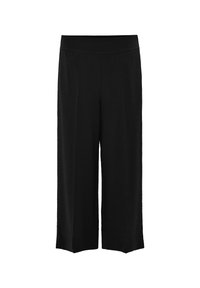 Pantalons larges noirs en tissu texturé, avec une taille élastique et une coupe ample. Sans poches ni matériel distinctif.