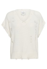 Maglione lavorato a maglia color beige chiaro con scollatura a V, maniche corte, superficie testurizzata e dettagli scoloriti lungo l'orlo e le maniche.