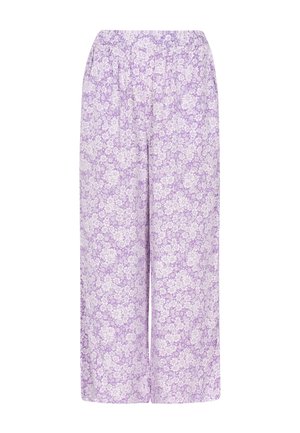 Pantalons larges à imprimé floral violet avec une taille élastique, en tissu léger et coupe fluide, ornés de motifs de fleurs blanches.