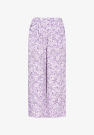 Lilla blomsterprint bredde bukser med elastisk talje, letvægts stof og løs pasform, med hvide blomster mønstre over det hele.