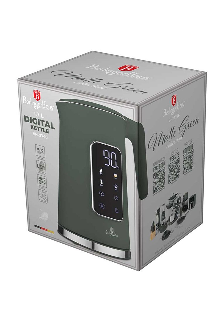 Matná zelená digitální konvice BerlingerHaus 1,7 l s LED displejem zobrazujícím 90 °C, dotykovým ovládáním a funkcí automatického vypnutí na obalu produktu.