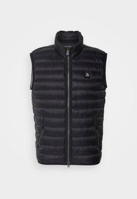 Chaleco acolchado negro sin mangas con cremallera frontal, cuello recto, bolsillos laterales con cremallera y pequeño parche con el logo en el pecho.