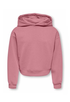 Sweat à capuche court rose avec manches longues, poignets côtelés et capuche pliée, présenté sur fond blanc.