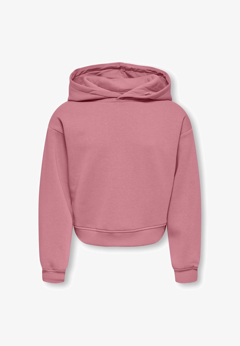 Sweat à capuche court rose avec manches longues, poignets côtelés et capuche pliée, présenté sur fond blanc.