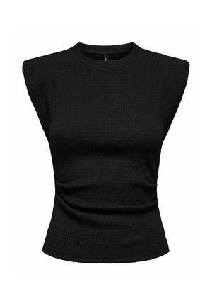 Haut sans manches noir texturé avec épaules rembourrées et encolure ronde, ajusté à la taille.